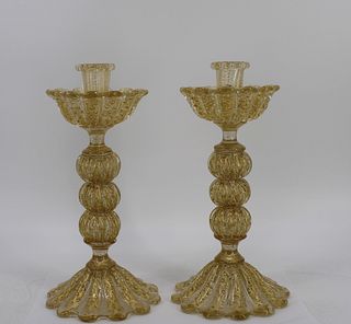 A Pair Of Murano Glass Candlesticks.
