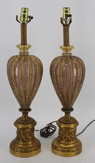 A Pair Of Murano Glass Lamps On Gilt Metal Bases.