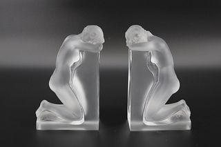 Lalique France Signed Frosted Glass Bookends.