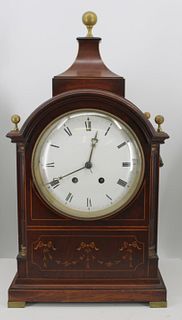 H & H France Signed Large Inlaid Mahogany Clock.