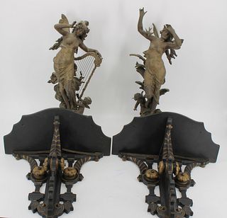 2 Patinated Metal Nymphs Together With 2 Victorian