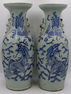 Pair of Large Chinese Celadon Blue and White Vases