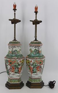 Pair of Chinese Famille Verte Lidded Urns Mounted
