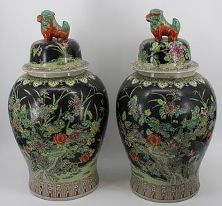 A Vintage Pair of Large Enamel Decorated Porcelain