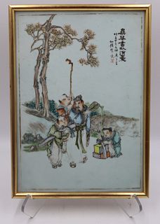 Signed Chinese Plaque of Figures in a Garden.