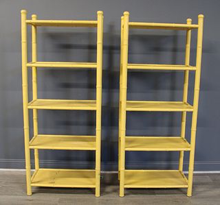 A Vintage Pair Of Yellow Painted Wood Bamboo