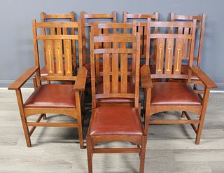 Stickley Audi / Harvey Ellis Set Of 8 Oak Chairs.
