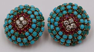 JEWELRY. Pair of French 18kt Gold, Colored Gem,