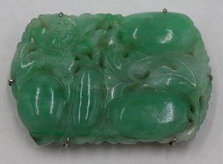JEWELRY. Silver Mounted Carved Jade Pendant.