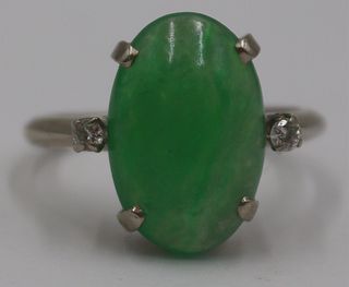 JEWELRY. 14kt Gold, Jade and Diamond Ring.