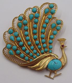 JEWELRY. 14kt Gold Turquoise & Gem Peacock Brooch.
