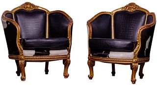 Victorian Style Cowhide and Leather Gilt Barrel Chairs