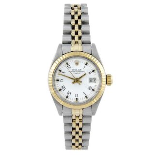 ROLEX - a lady's Oyster Perpetual Date bracelet watch. Circa 1980. Stainless steel case with yellow