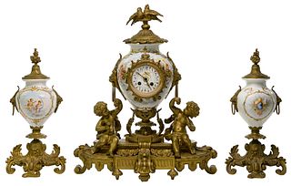 French Belthazar Style Mantel Clock and Garniture Suite