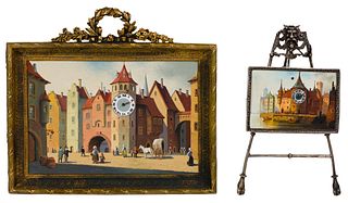 Cityscape Painting Desk Clocks and European Silver Frame / Easel