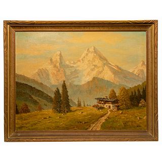 J. Lobis (European, 1875-1905) 'The Bavarian Alps' Oil Painting on Board