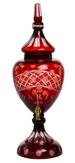 Ruby Red Cut to Clear Glass Beverage Dispenser