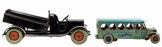 'Bus De Luxe' and 'Hercules Lift Dump Truck' Lithographed Tin Toys