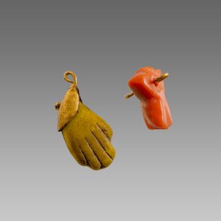 Lot of 2 Roman Style Coral and Glass Amulets set in gold. 