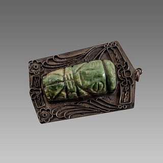 Pre Columbian Style Jade Amulet. Set in silver. 