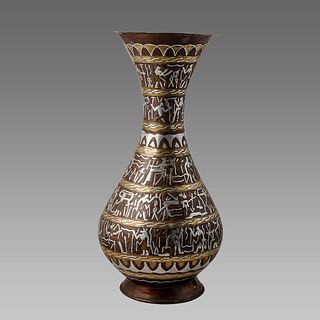 Large Copper Vase Silver Inlaid Egyptian Motive.