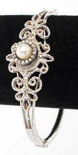 Edwardian 14K Gold Pearl & Diamond Bangle Bracelet