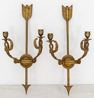 French Empire Style Brass Arrow & Swan Sconces Pr