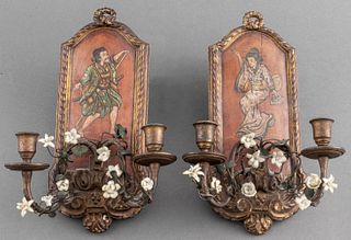 Vintage Chinoiserie Candle Wall Sconces, Pair