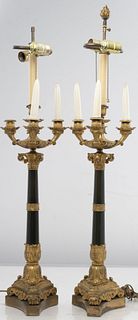 Charles X Style Gilt Bronze Candelabra Lamps, Pair