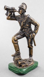 Bronze Model Of A Soldier w Horn On Malachite Base