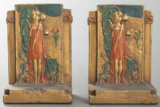 Pompeian Bronze Art Nouveau Bookends, Pair