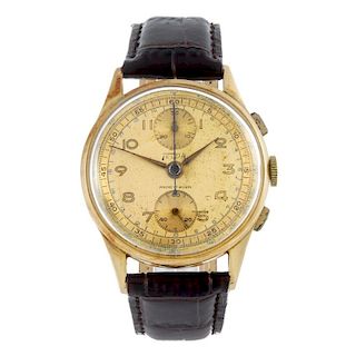 TELDA - a gentleman's chronograph wrist watch. Yellow metal case, stamped 18K 0.750 with poincon. Nu