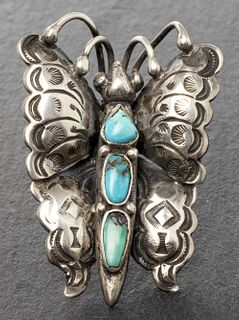 Navajo Silver & Turquoise Butterfly Brooch / Pin