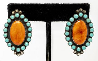 Navajo Silver Spiny Oyster & Turquoise Earrings