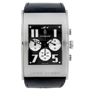 JORG HYSEK - a gentleman's chronograph wrist watch. Stainless steel case with exhibition case back.