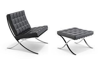 Knoll Barcelona Chair & Ottoman Black Stamped 100%