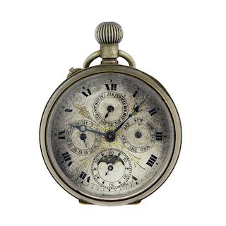 An open face triple date pocket watch. Nickel case. Unsigned keyless wind movement. Silvered dial wi