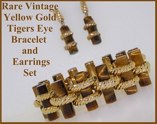 14k Gold Tigers Eye Bracelet and Earrings Set