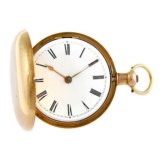 A full hunter pocket watch by Henry Harris. 18ct yellow gold case with crest and Latin motto to case