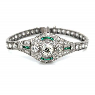7.00 Ct Diamond And Emerald Art Deco Bracelet