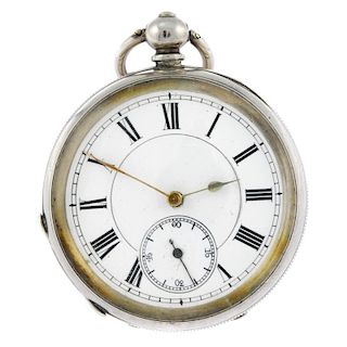 An open face pocket watch. White metal case, stamped 0,935 with poincon. Unsigned key wind three qua