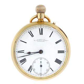An open face pocket watch by Russell's, Liverpool. 18ct yellow gold case with personal engraving to