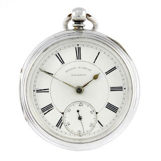An open face pocket watch by Robert Scanlan. Silver case, hallmarked Chester 1885. Signed key wind f