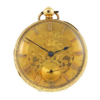An open face pocket watch. 18ct yellow gold case, hallmarked London 1837. Unsigned full plate key wi