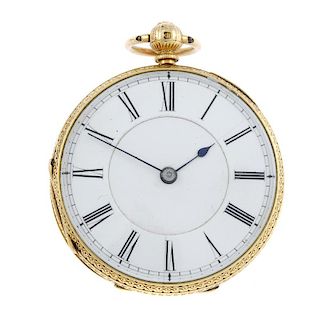 An open face pocket watch by Thomas Russell & Son. 18ct yellow gold ornately decorated case with ini