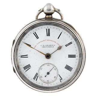 An open face pocket watch by J.G Graves. Silver case, hallmarked Chester 1899. Unsigned key wind ful