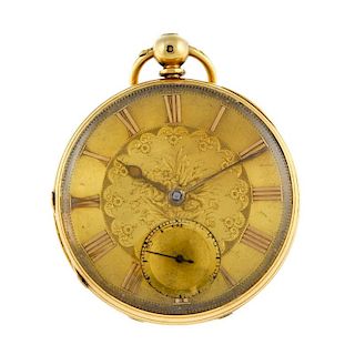 An open face pocket watch by A.Smith. 18ct yellow gold case with engraved cartouche to case back, ha