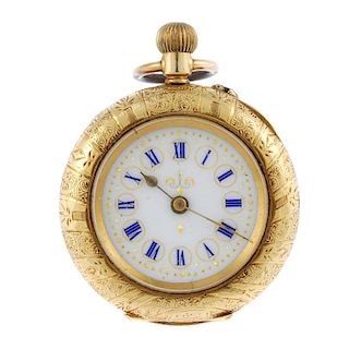 An open face pocket watch by D.F. & Co. Yellow metal case stamped 18K. Signed keyless wind Swiss bar
