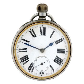 A open face 'Goliath' pocket watch by Doxa. Base metal. Numbered 784102. Signed keyless wind movemen