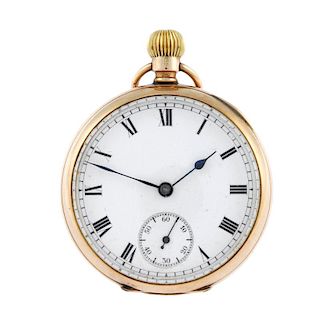 An open face pocket watch by Waltham. 9ct yellow gold case, hallmarked Chester 1921. Signed keyless